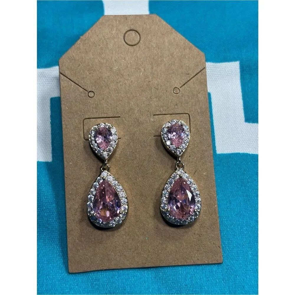 New Pink Teardrop Halo Dangle Earrings
